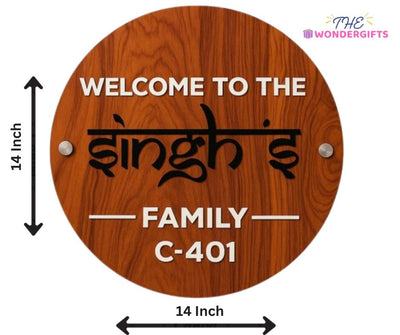 Luxury Wooden Door Name Plate –Customizable Name & House Number ( 14x14 inch + Bullet Screws )