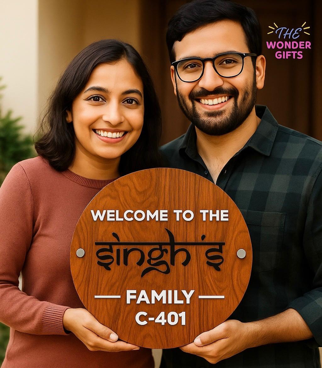 Luxury Wooden Door Name Plate –Customizable Name & House Number ( 14x14 inch + Bullet Screws )