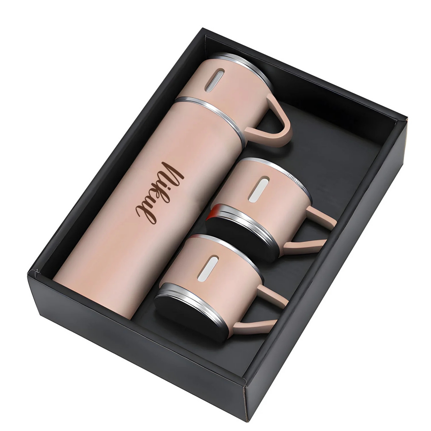 Personalized Stainless Steel Water Bottle Vacuum Flask Set with 3 Steel Cups Combo